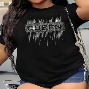 L-5XL 플러스 사이즈 여성 티셔츠 스팽글 반소매 라운드 넥 느슨한 여름 탑 패션 블랙 오버 사이즈 레이디 티셔츠 2024