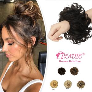 PLADIO 100% 인간의 머리카락 롤빵 확장 Tassels와 지저분한 Chignon 포니 테일 헤어 확장 웨이브 여성을위한 자연 갈색 머리 롤빵