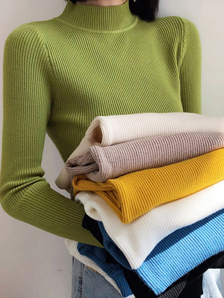 가을 겨울 모의 목 여성 스웨터 빈티지 기본 솔리드 니트 탑 캐주얼 슬림 풀오버 한국 스웨터 Simple Chic Jumpers