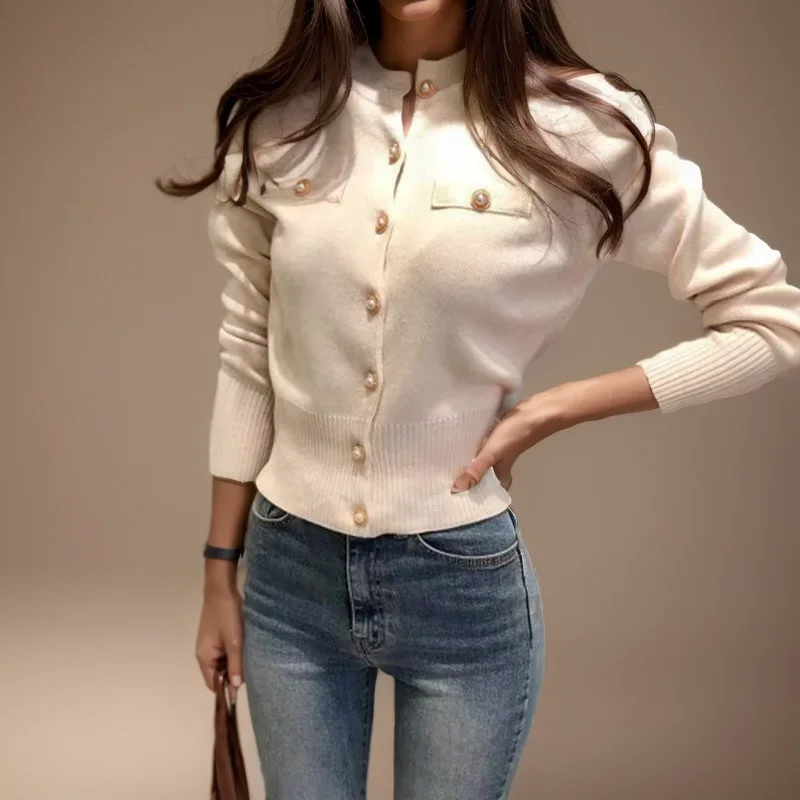 2025 가을 긴 소매 패션 여성 카디건 스웨터 니트 코트 짧은 캐주얼 싱글 브레스트 한국어 슬림 세련된 숙녀상의
