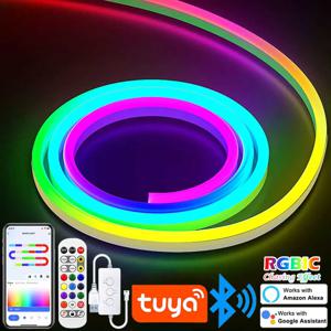 TUYA 네온 LED 스트립 조명, 음악 동기화 기능, 방 RGBIC 드림컬러 체이싱 스트립 테이프 포함, 5V 네온 로프 조명, 72LEDs/m 실리콘