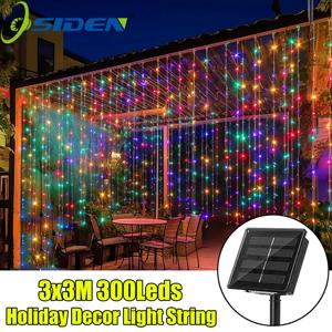 야외 태양 커튼 라이트 3x3M 300Led 휴일 장식 갈 랜드 8 모드 할로윈 크리스마스 파티 장식 문자열 조명