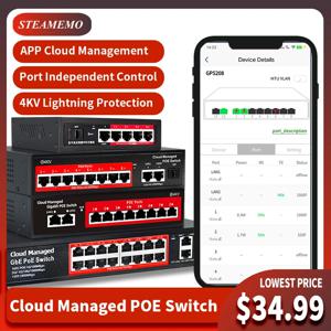 STEAMEMO-클라우드-관리 형 POE 스위치 4/8/16 포트 48V 활성 POE 데스크탑 100/1000Mbps SFP 앱 제어 스위치, 펄그 앤 플레이 IP 카메라