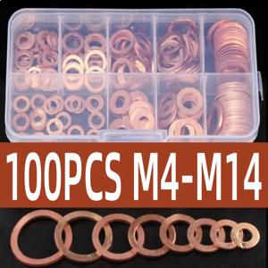 100PCS 세트 구리 와셔 가스켓 너트 및 볼트 세트 플랫 링 씰 구색 키트 (박스 포함) M4 M8 M10 M12 M14 섬프 플러그 용