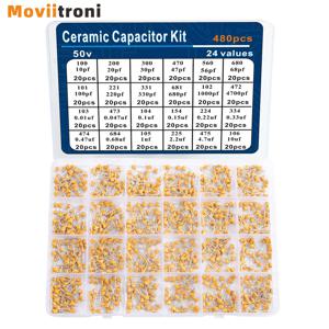480pcs 모놀리식 세라믹 커패시터 키트 24 종류의 커패시터 10pF-10uF 유도 세라믹 커패시터 샘플 케이스 1uF 0.22uF