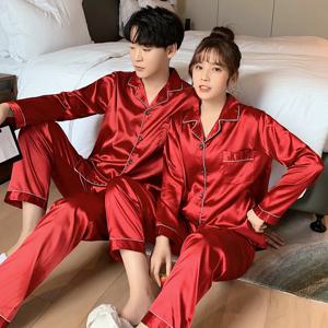 솔리드 컬러 잠옷 실크 새틴 잠옷 커플 세트 긴 버튼 다운 잠옷 정장 Pijama 여성 남성 Loungewear 플러스 사이즈 Pj 세트