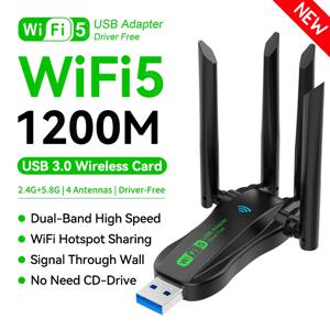 듀얼 밴드 1200Mbps WiFi USB 어댑터 2.4G/5.8Ghz Wi-Fi5 동글 4 안테나 USB3.0 PC/노트북 용 무선 수신기 CD 드라이버 없음 무료