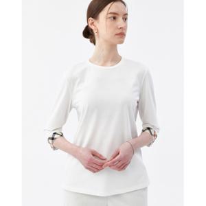 닥스 여성 24SS 클리어런스화이트 솔리드 면혼방 체크배색 7부소매 티셔츠 DLTS4B301OW