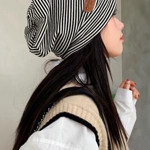 TEMU 트렌디 라벨 패치 Slouchy Beanie 경량 탄성 해골 모자 흑백 방풍 따뜻한 비니 여성용 가을/겨울