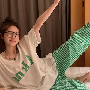 TEMU 체크무늬와 글자 프린트가 있는 여유로운 루즈핏 라운지 세트, 캐주얼한 반팔 라운드 넥 상의와 바지, 여성용 루지웨어|잠옷|냉장고바지|옷