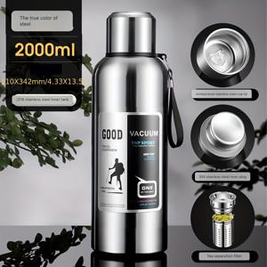 TEMU 2000ml GOOD 진공 단열 스테인리스 스틸 주전자 - 316 등급, BPA 프리, 넓은 입구 & 안전한 밀봉, 고온 저항, 손잡이 & 스트랩이 있는 휴대용, 야외 스포츠 & 여행에 이상적, 블랙