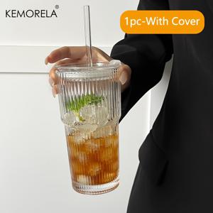 TEMU KEMORELA 대용량 수직 줄무늬 유리컵 뚜껑 및 빨대 포함 1/2개 세트, 재사용 가능한 고품질 커피 & 주스 컵, 뜨거운 & 차가운 음료를 위한 모던 리브 디자인, 가정 또는 사무실 사용에 완벽한 다목적 드링크웨어 | 스타일리시 유리제품 | 두꺼운 유리 구조
