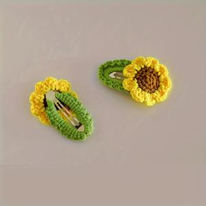 TEMU Handmade Crochet Sunflower Hair Clips Set, Plush Cute Sweet Style Floral Hair Accessories, Mixed Color Flower Shape Clips for Girls and Women, Ideal Gift for Ages 14+ (Set of 2)