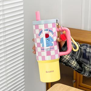 TEMU 귀여운 강아지 커플 보온 텀블러 800ml - 대용량, 스테인리스 스틸 스트로 & 뚜껑, 미끄럼 방지 손잡이, BPA 프리, 학생 및 사무용으로 완벽