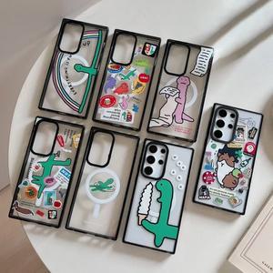 갤럭시 S25 플러스 S24 S23 울트라 S25U 커버 보호 쉘에 대한 귀여운 공룡 자기 아크릴 블랙 테두리 케이스