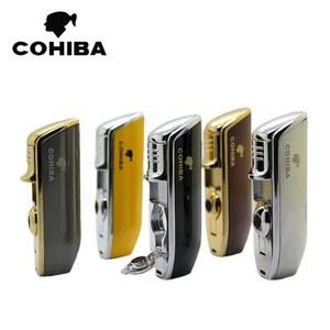 COHIBA 금속 시가 라이터 3Jet 블루 플레임 토치 방풍 휴대용 점화기 펀치 도구 남성 선물