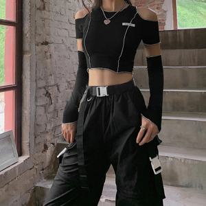 패치 워크 블랙 티셔츠 고딕 원 숄더 슬리브 Y2k 자르기 탑 프릴 밑단 힙합 Techwear 여성 티셔츠