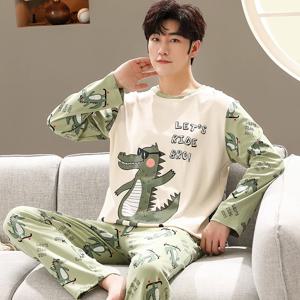 봄 긴 소매 슬리핑 탑 바지 남성용 잠옷 코튼 Pijamas 정장 남성 만화 캐주얼 홈 의류 Pjs Homme