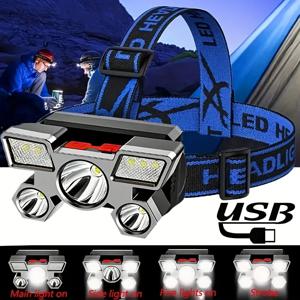 USB 충전식 휴대용 슈퍼 브라이트, 3LED, 6SMD 헤드라이트, 4 가지 모드 야간 손전등, 야외 낚시 캠핑 모험용, 1 개