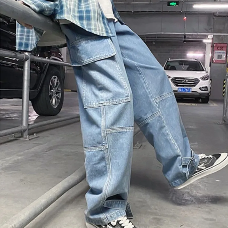 카고 청바지 남성 루즈 스트레이트 헐렁한 남성 청바지 모핑 바지 힙합 streetwear 스케이트 보드 중립 데님 와이드 레그 데님 바지