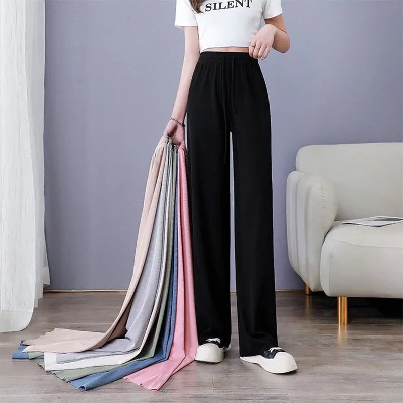 1pc 여성용 소프트 아이스 실크 와이드 레그 팬츠 하이 웨이스트 루즈하고 편안한 스트레이트 레그 캐주얼 바지 야외 블랙 바지에 적합