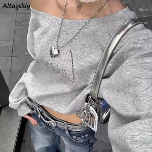 여성용 오프 숄더 스웻셔츠, 가을 스트리트웨어, 매혹적인 크롭, 올 매치 스웻셔츠, 헐렁한 패션 프린트 디자인, 미적 캐주얼