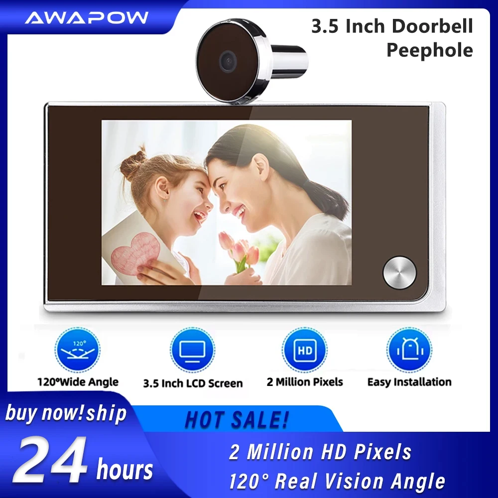 Awapow 초인종 구멍 뷰어 디지털 문짝 카메라, 고양이 눈 문짝 벨, 야외 모니터, 120 ° LCD, 2 백만 HD 픽셀, 3.5 인치