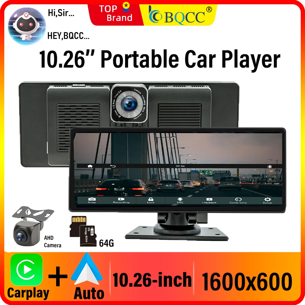 BQCC 휴대용 무선 카플레이 화면, HD 후방 후진 카메라, 자동차 라디오 DVR MP5 멀티미디어 비디오 플레이어, 안드로이드 오토, 10.26 인치