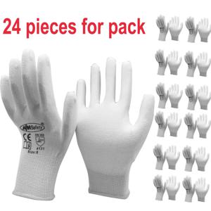 24Pieces/12Pairs 나일론 니트 라이너가 있는 흰색 정전기 방지 보호 작업 장갑 손바닥 장갑에 PU 담그기