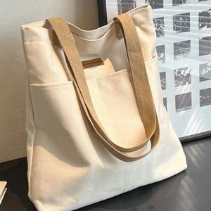 1Pc 여성 캔버스 토트 백 대용량 핸드백 매일 사용을위한 실용적인 바느질 스레드 디자인 통근 가방