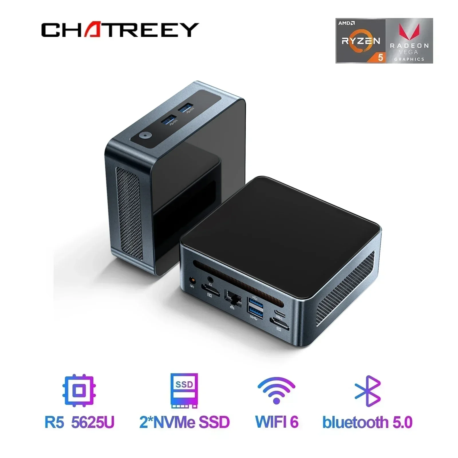 Chatreey 게이밍 데스크탑 컴퓨터, 미니 PC, AN2P Ryzen 5 5625U, 3550H, NVME SSD, WIFI6 HD, 윈도우 11 프로