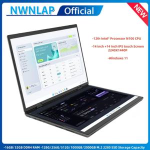 듀얼 스크린 노트북 14+14 인치 2K 터치 스크린 노트북 16GB 인텔 N100 CPU 360 학위 플립 금속 케이스 2 in 1 노트북 컴퓨터