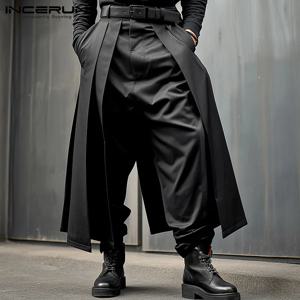 INCERUN 남성 불규칙 바지 솔리드 컬러 조깅 루즈 버튼 플리츠 캐주얼 와이드 레그 바지 남성 streetwear 2024 패션 바지
