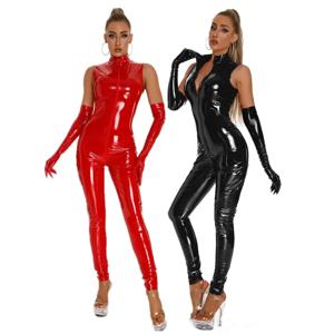 장갑과 섹시한 가짜 가죽 점프 슈트 이국적인 민소매 지퍼 오픈 가랑이 PU Catsuit 란제리 Wetl Look Clubwear Bodysuit