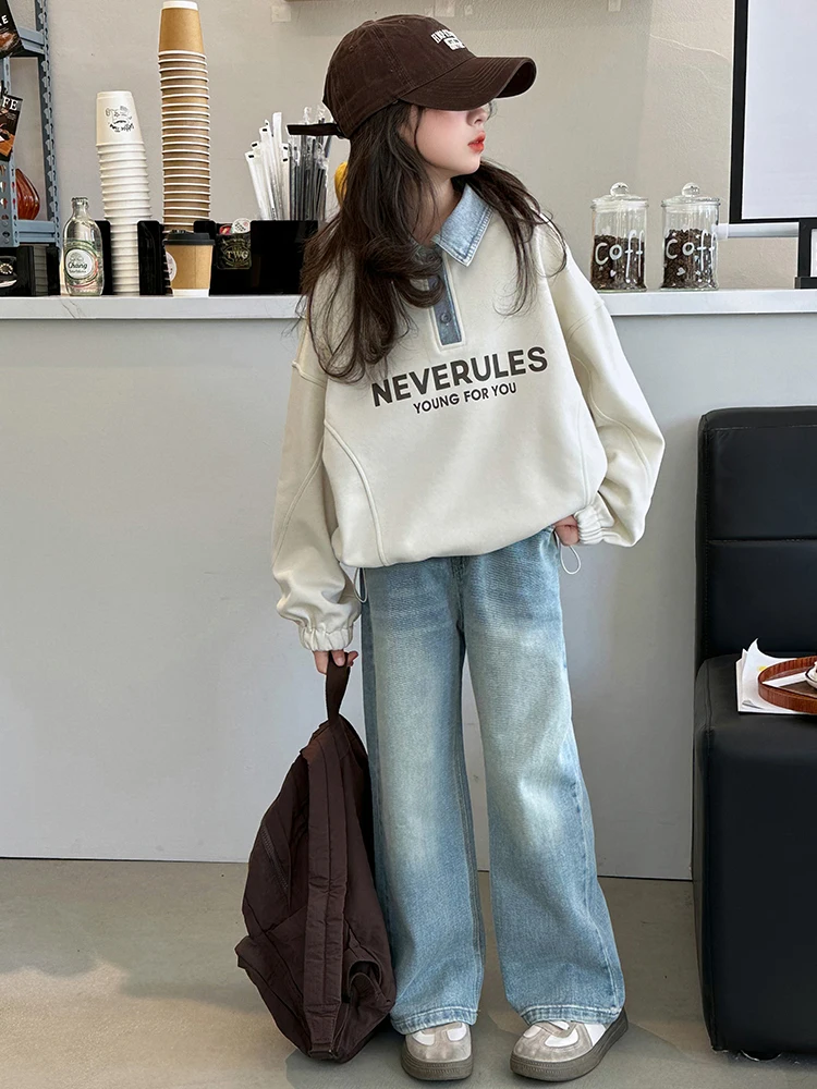 봄 가을 아동복 여아 투피스 세트, 면 소재 긴팔 스웨트셔츠와 청바지 세트 (큰아이용)