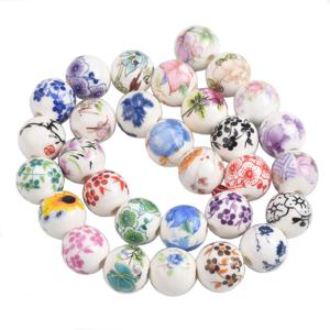 10pcs 10mm 12mm 꽃 패턴 라운드 세라믹 도자기 느슨한 스페이서 비즈 DIY 공예 팔찌 쥬얼리 만들기 1 # ~44 #