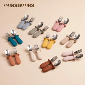2 개/대 아기 식기 어린이기구 스테인레스 스틸 음식 먹이 숟가락 포크 세트 유아 유아 실리콘 식기류 칼 붙이