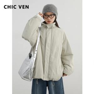 CHIC VEN 여성용 파카 스트리트웨어, 루즈 솔리드 스탠드 칼라, 중간 길이 재킷, 스포츠 코트, 가을 겨울 2024