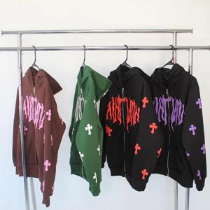 Y2k Men Emo streetwear 까마귀 지퍼 업 스웨터 요정 그런지 풀오버 대형 편지 크로스 고스 자켓 탑 후드 의류