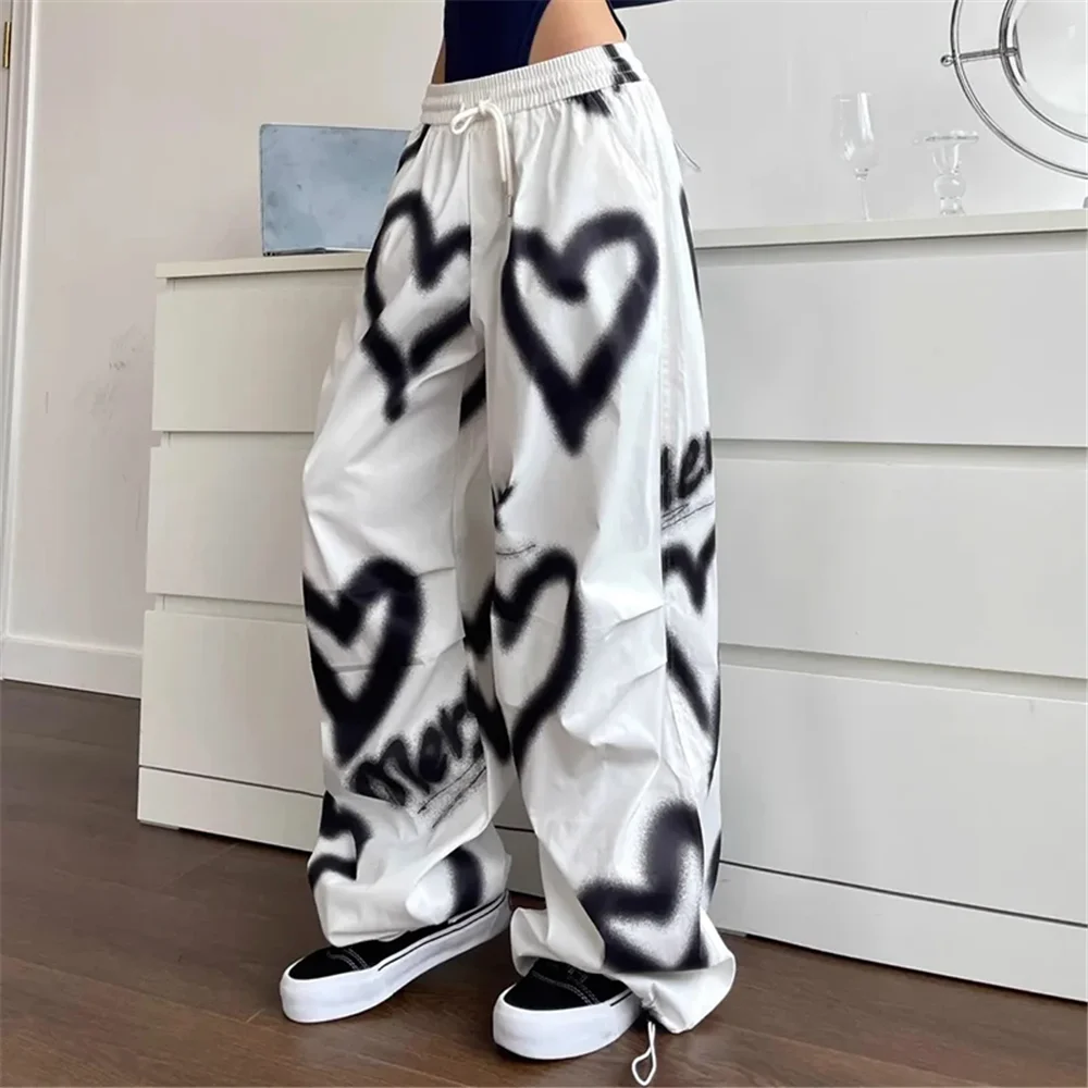 Love Graffiti 넓은 다리 바지 여성 Y2K 탄성 높은 허리 streetwear 느슨한 Drawstring 조깅 바지 한국 캐주얼 운동복