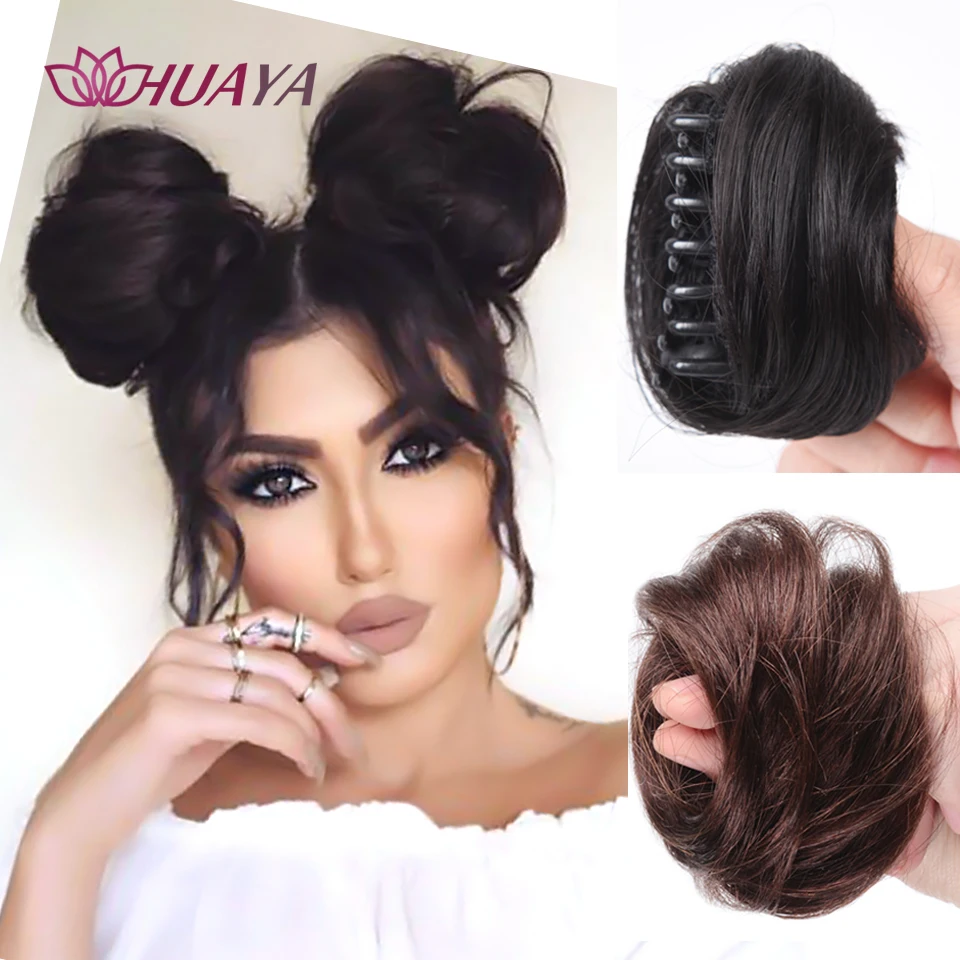 HUAYA 합성 클립 온 헤어 번들 탄성 밴드 헤어 지저분한 Chignon 확장 Scrunchie 헤어 피스 여성과 어린이를위한