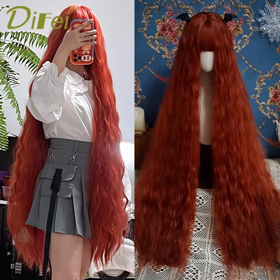 120cm 긴 물결 모양의 머리 합성 가발 여성 레드 브라운 Coaplay 로리타 가발과 Bangs 자연 머리 가발 여성 열 Fesistant 섬유
