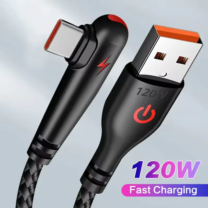 OPPO용 USB C 고속 충전 케이블, 삼성 S21, 샤오미 14, 아이폰 15, 고속 충전 데이터 와이어 충전기 케이블, 90 도 코드, 120W