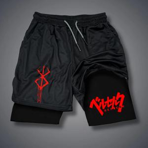 Anime Berserk Performance Shorts Men 2 in 1 러닝 압축 반바지 훈련 요가 체육관 운동복 운동 반바지 (포켓 포함)