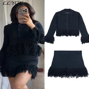 니트 술 가디건 미니 스커트 세트 여성 속이 빈 싱글 브레스트 가디건 짧은 a 라인 스커트 2025 Spring Lady Chic Outfit