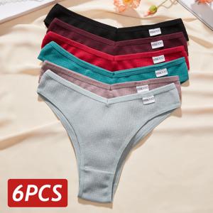 6PCS 여성 와플 코 튼 팬티 섹시 한 V-허리 속옷 Mluti-색상 여성 높은 탄성 브라질 팬티 비키니 란제리