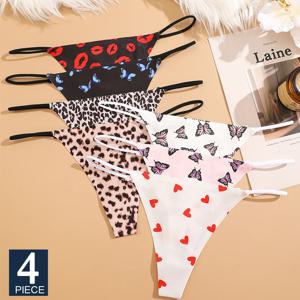 FINETOO 4PCS 원활한 끈 팬티 여성 얇은 스트랩 낮은 허리 높은 유연성 팬티 섹시한 속옷 숙녀 팬티 T 백 편안한