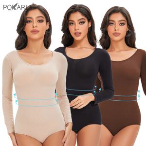 POKARLA 스판덱스 탄성 바디 슈트 Shapewear 여성 바디 셰이퍼 배꼽 컨트롤 긴 소매 오픈 가랑이 라운드 넥 원활한 셰이퍼