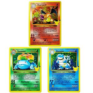 3pcs 포켓몬 25 주년 기념 컬렉션 카드 PTCG Charizard Blastoise 플래시 카드 게임 애니메이션 희귀 컬렉션 카드 선물 완구