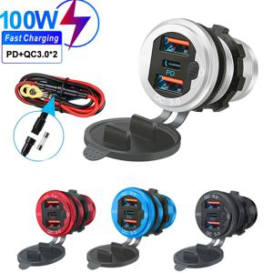 듀얼 USB 차량용 충전기 소켓, LED 터치 스위치, 고속 충전, 자동차 모토 어댑터, 방수 C타입 포트, PD3.0 및 QC3.0, 12V, 24V